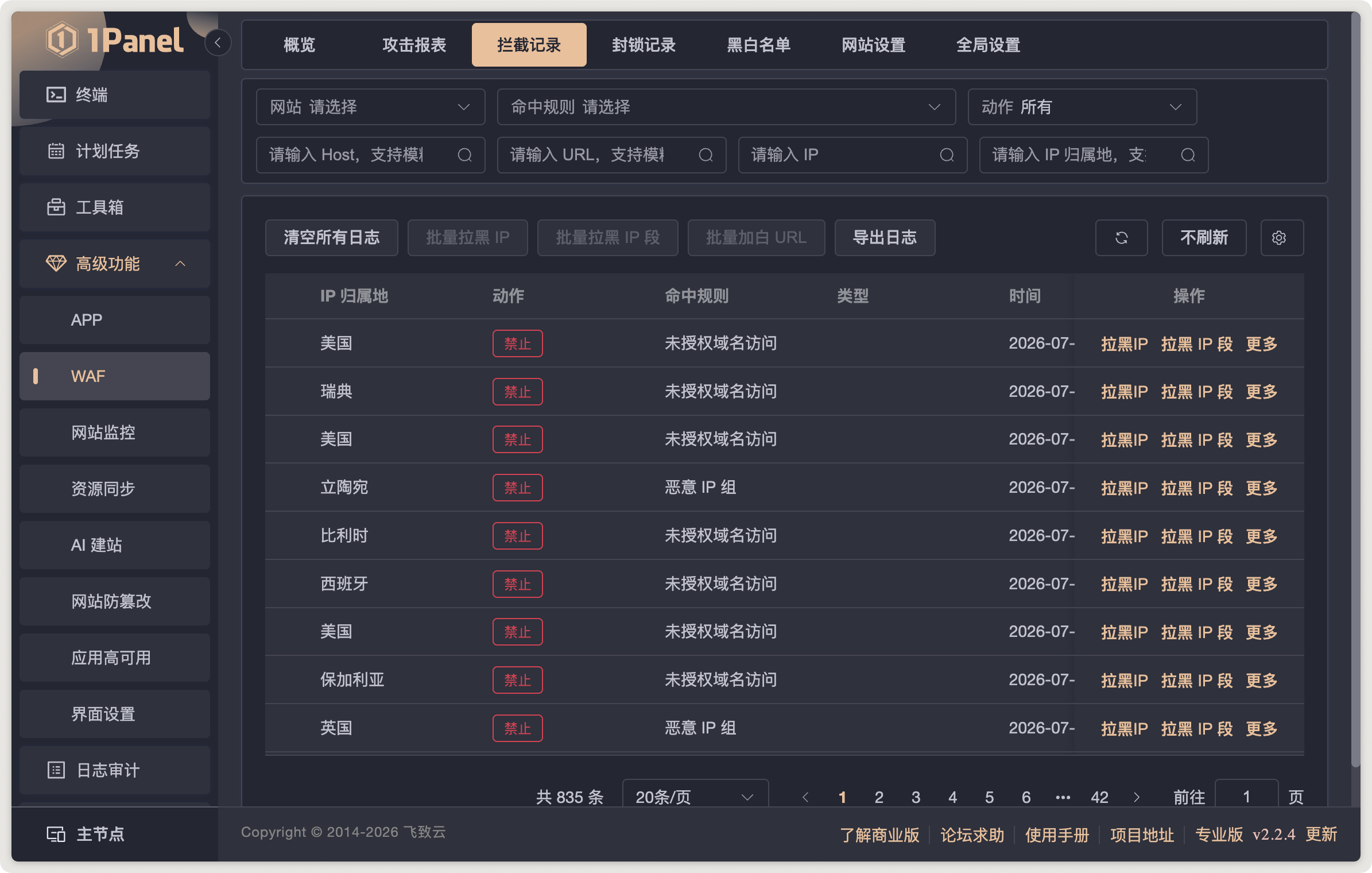 1Panel WAF 拦截记录页面的命中规则、处置动作、Host、URL 与 IP 筛选界面